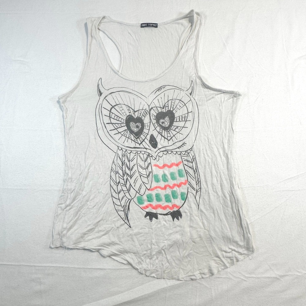 00s Y2K Style Hot Topic White Racerback Tank Top Owl Graphic Women's‎ XL